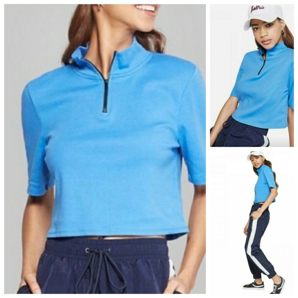 Wild Fable Womens Top Size Large Blue Quarter Zip Crop Blouse